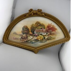 Vintage Homeco Hunter Signed Fan Shaped Framed Landscape Print Gold Bow Frame